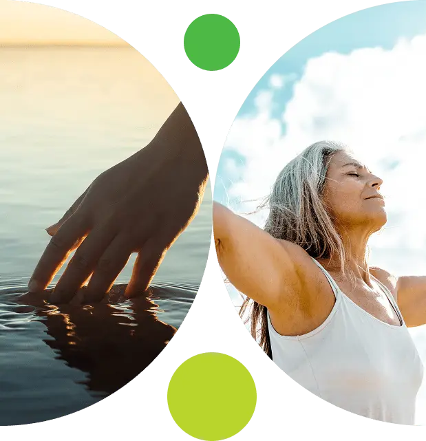 A person touching water and a woman enjoying fresh air outdoors.
