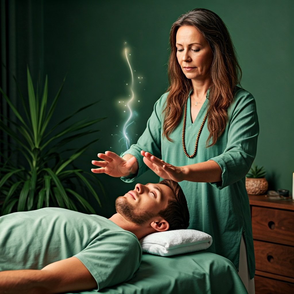 A woman performing Reiki healing on a man lying down.